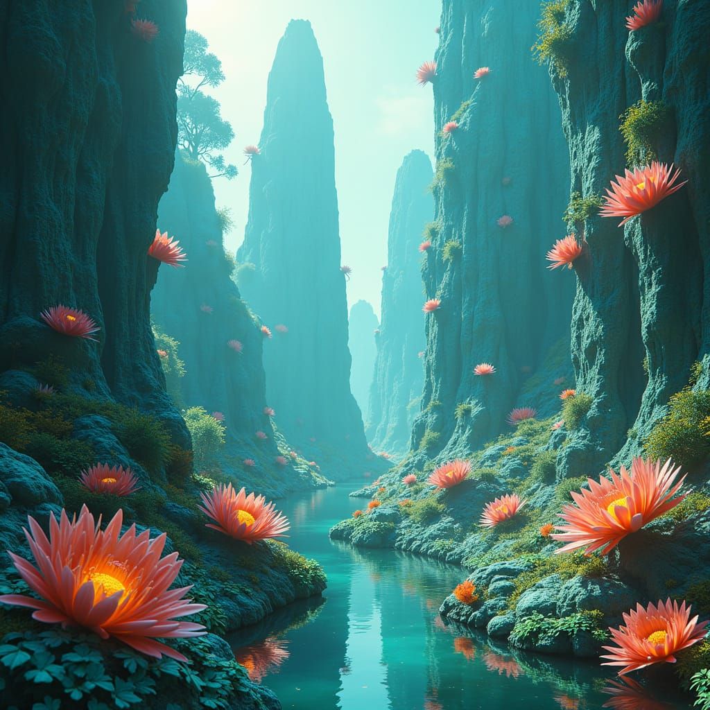 Cyberpunk Dreamscape with Iridescent Flora and Fauna