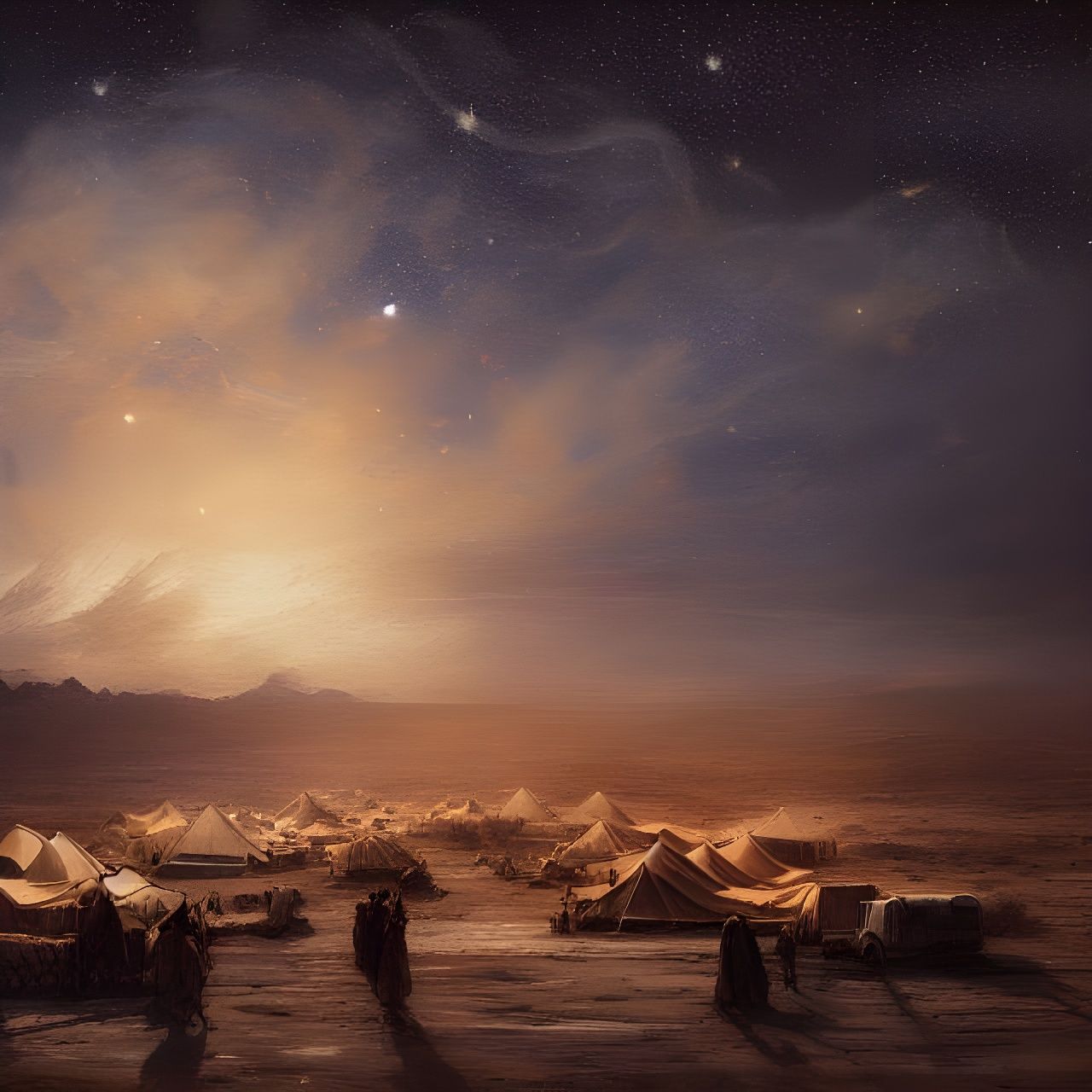 Nomad Camp Under Desert Stars: Oil Painting