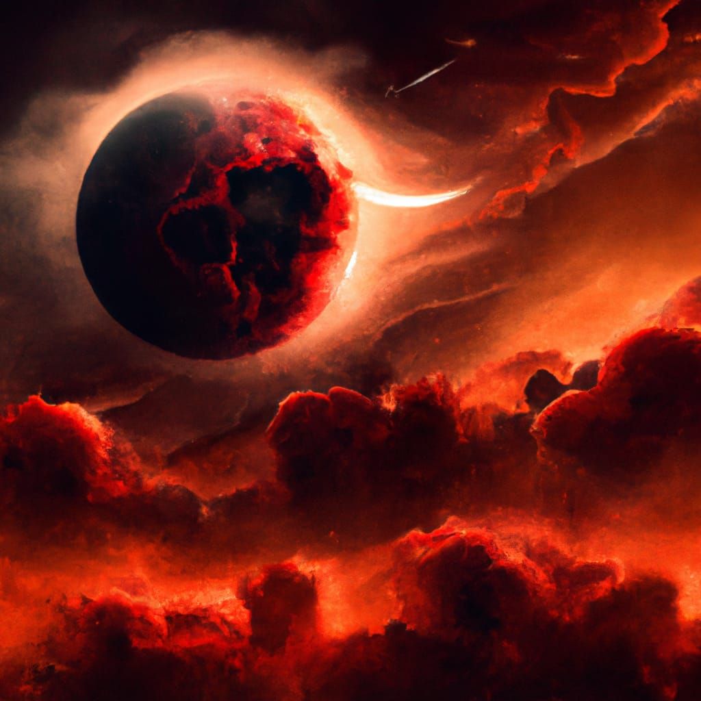 Blood Moon Over Red Sky: Cosmic Illustration