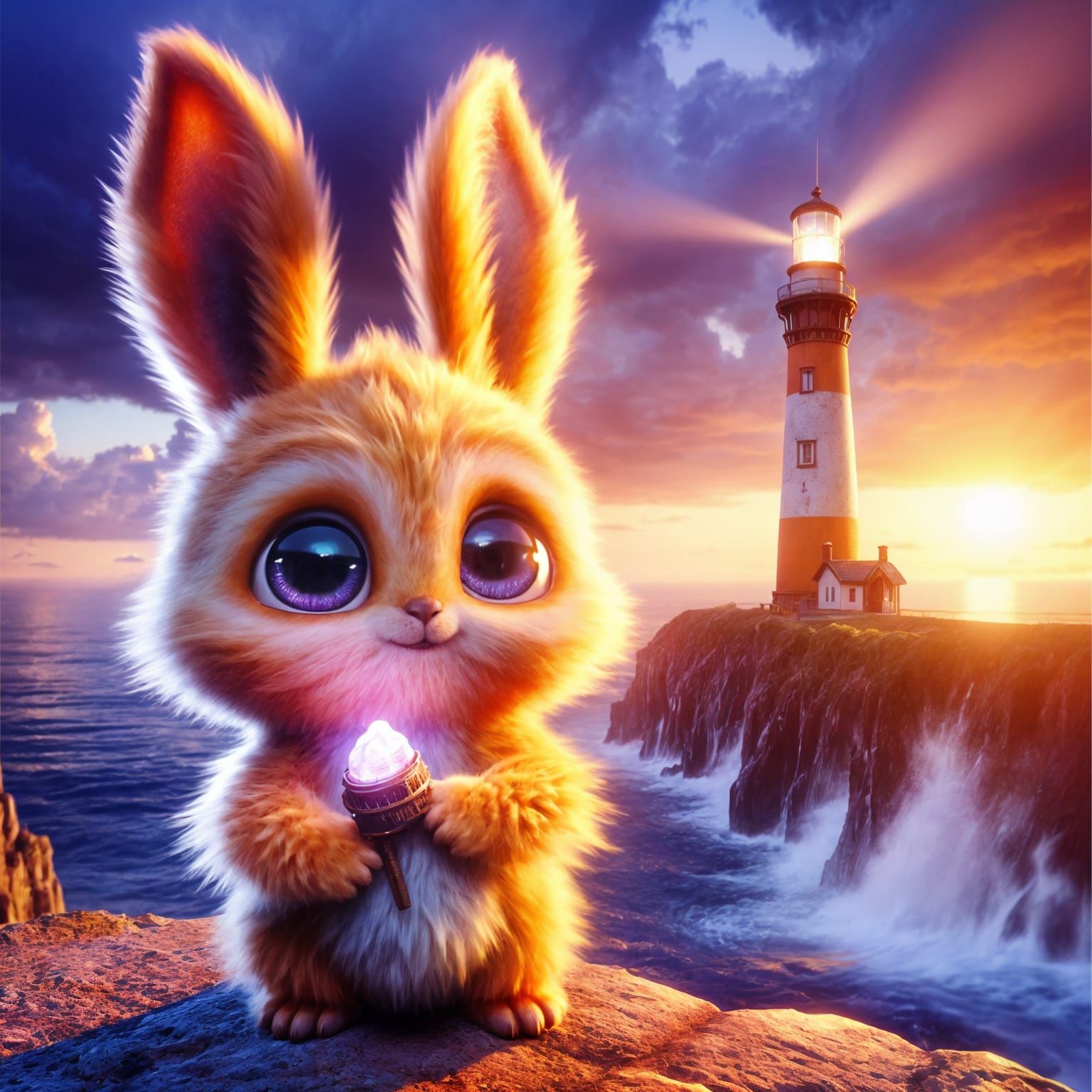 Orange Bunny with Lighthouse Sunset: Digital Matte Painting