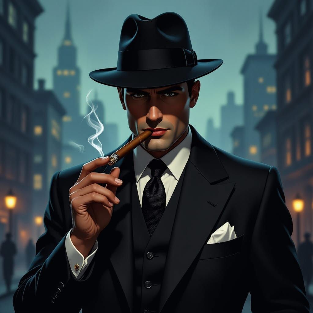1950s Gangster in Film Noir Cityscape