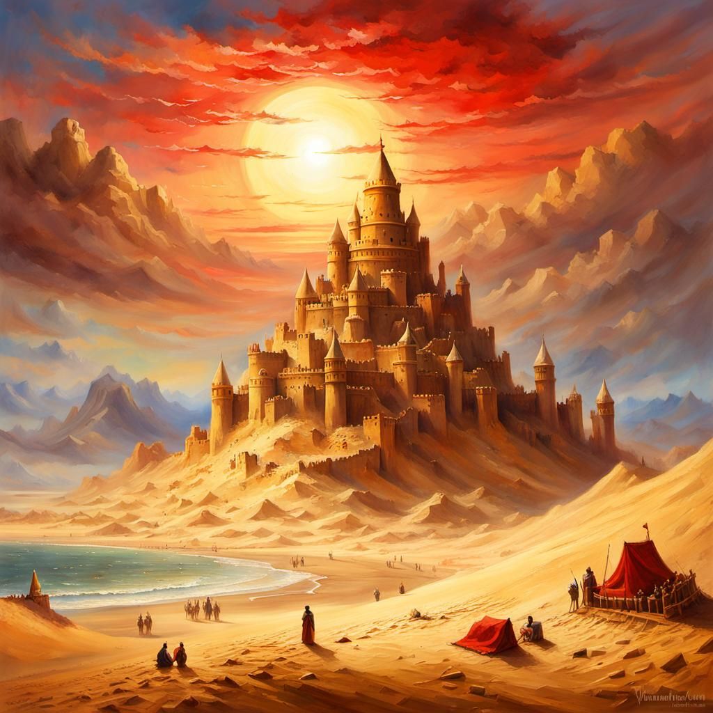 Medieval Sandcastle in Desert: A Romantic Illustration