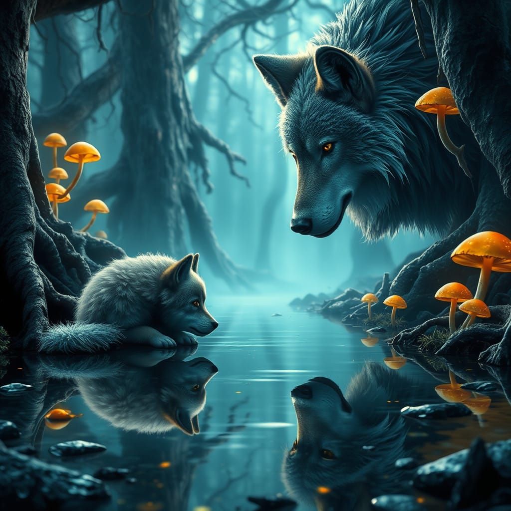 Wolf Contemplates Mystical Reflection in Enchanted Forest