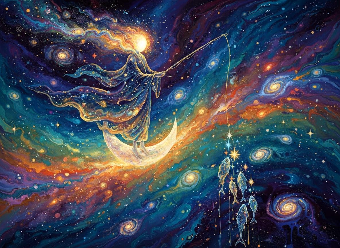 Celestial Fisherman Casting Starlight into Cosmic Sea