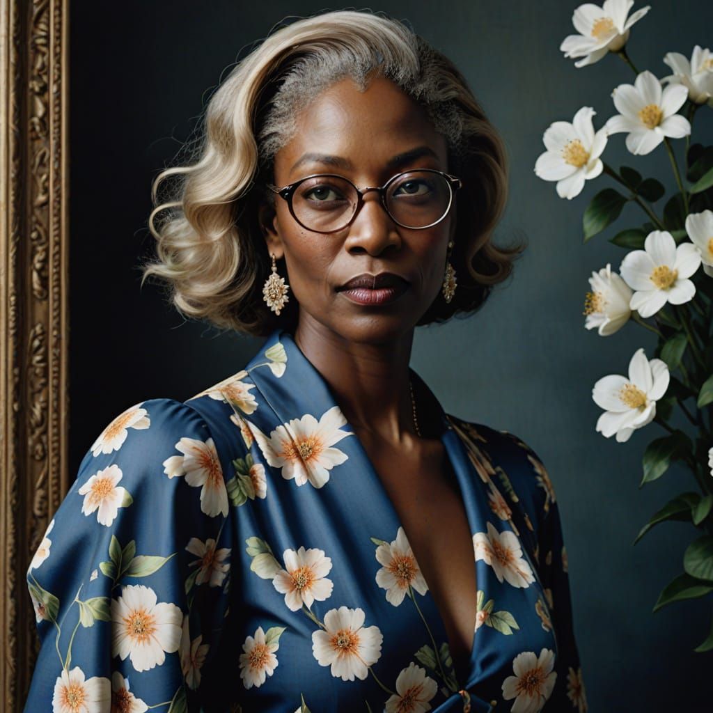 Elegant Young Woman in Floral Blue Dress