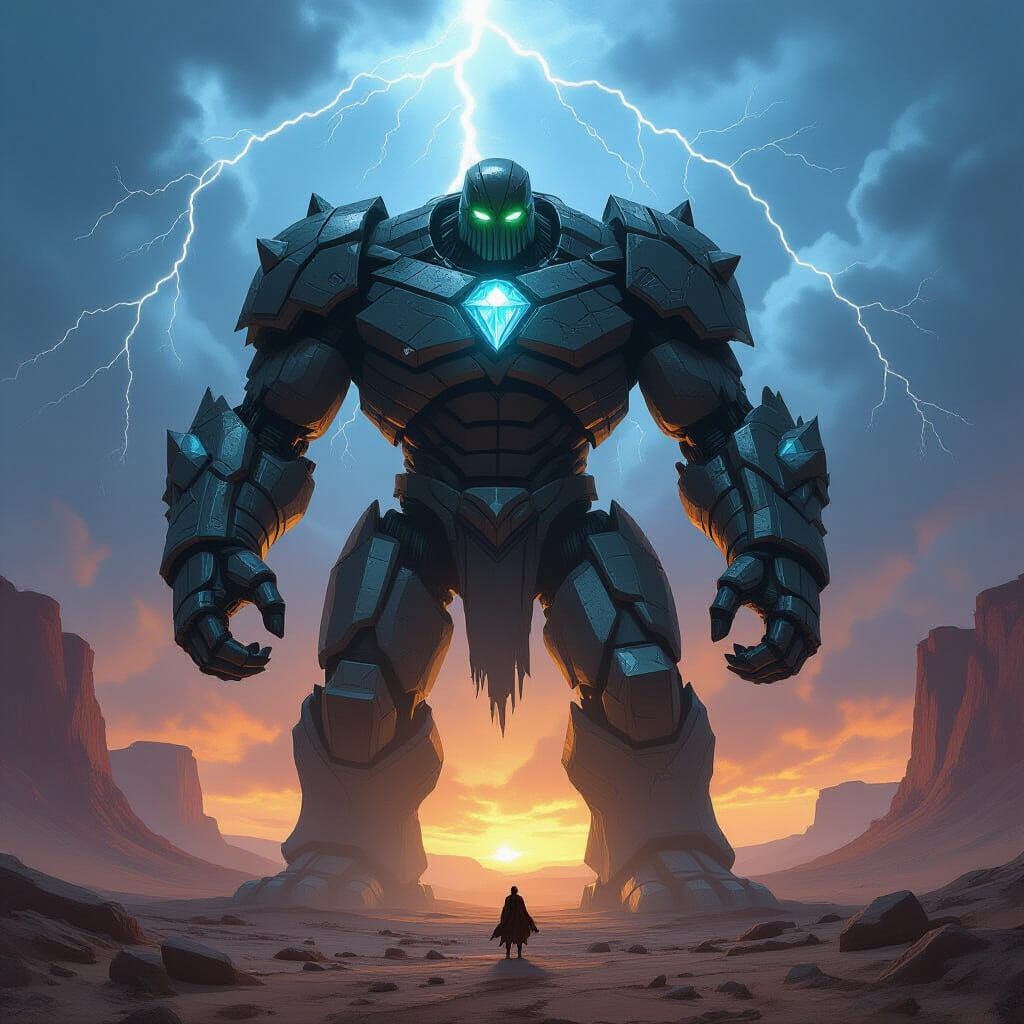 Colossal Iron and Diamond Golem in Stormy Canyon