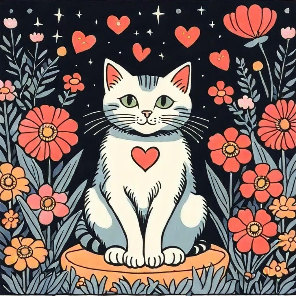 Cute Cat Surrounded by Flowers and Heart Lights