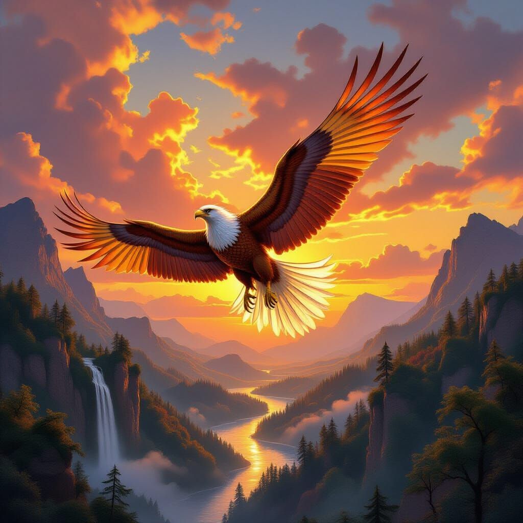 Griffin Soaring Over Ancient Forest at Sunset