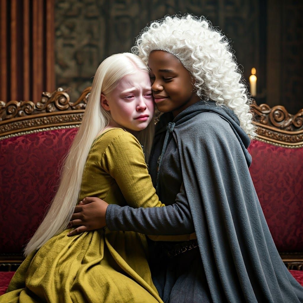 Two Young Girls Share a Tender Moment in Medieval Times
