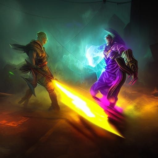 Fiery Magic Duel in Post-Apocalyptic Landscape