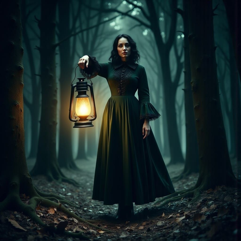 Enchanting Woman with Green Eyes and Black Hair, Holding a L...