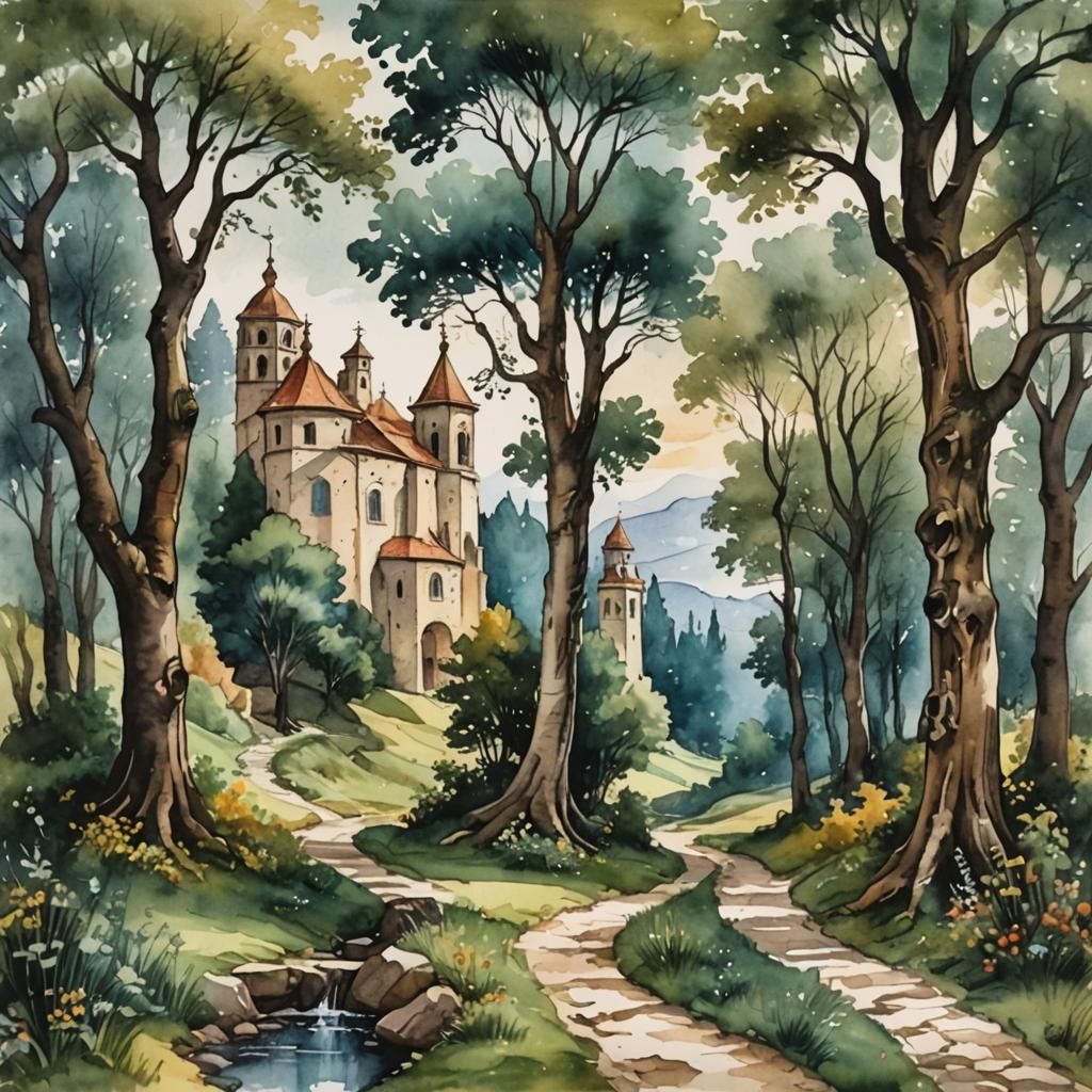 Baroque Romanesque Gothic Trail Watercolor Painting