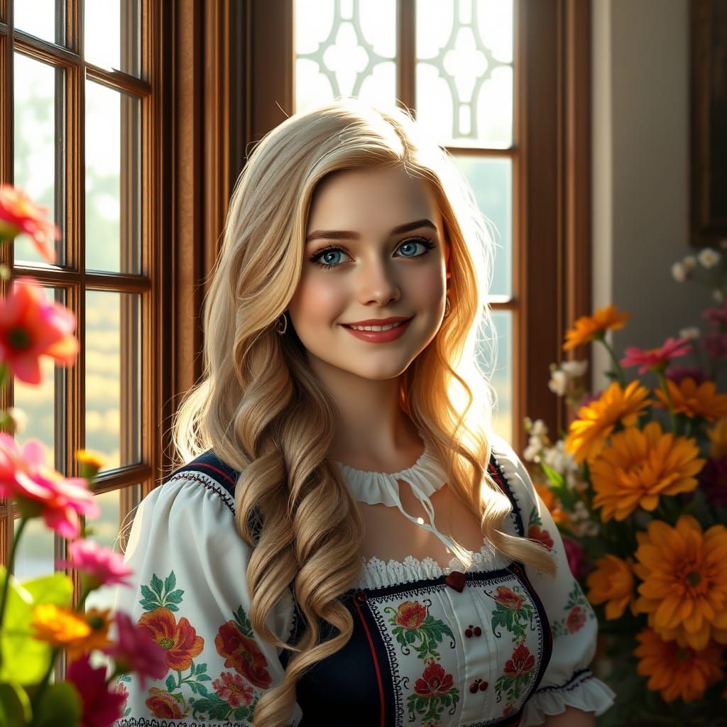 Charming Woman in Folk Costume: Hyperrealistic Portrait