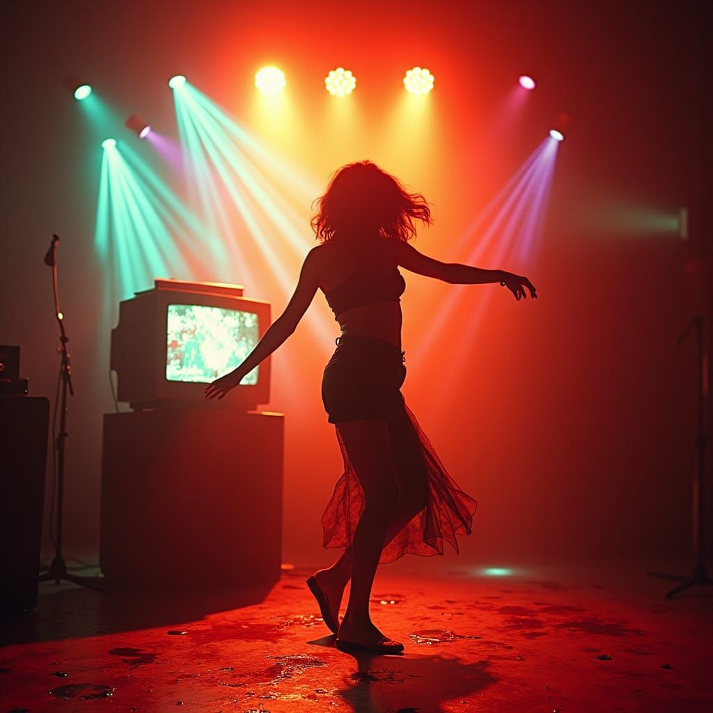 Nightclub Dancer with Glitching TV in Film Still