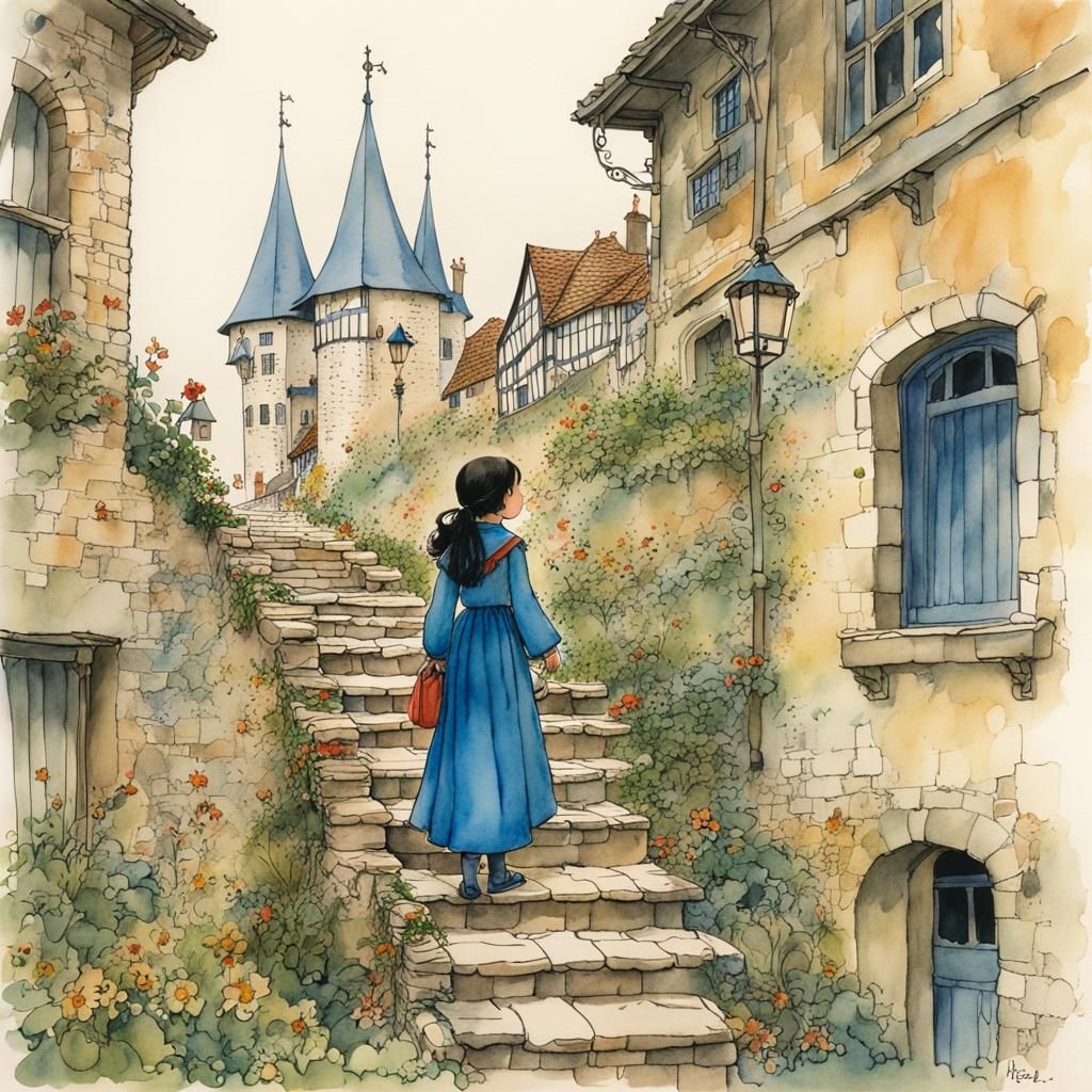 Medieval Girl on Stairs: Storybook Illustration