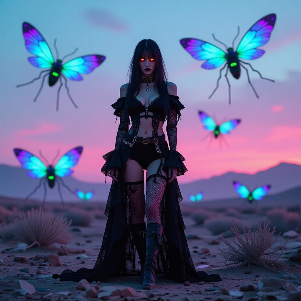 Goth Model in Wasteland with Bioluminescent Insects