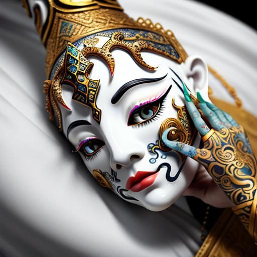 Ornate Fingernails and Porcelain Mask: Surreal Close-Up