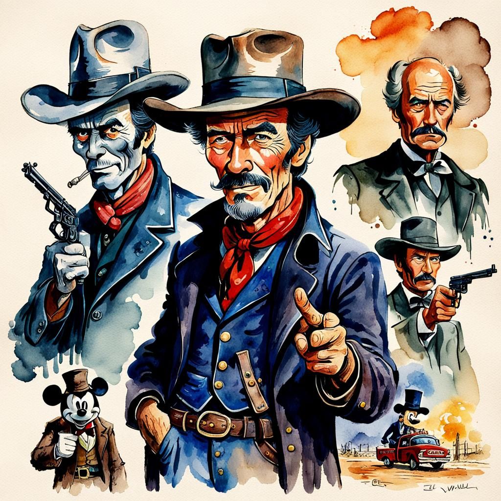 Disney Characters Parodying Western Film in Watercolor