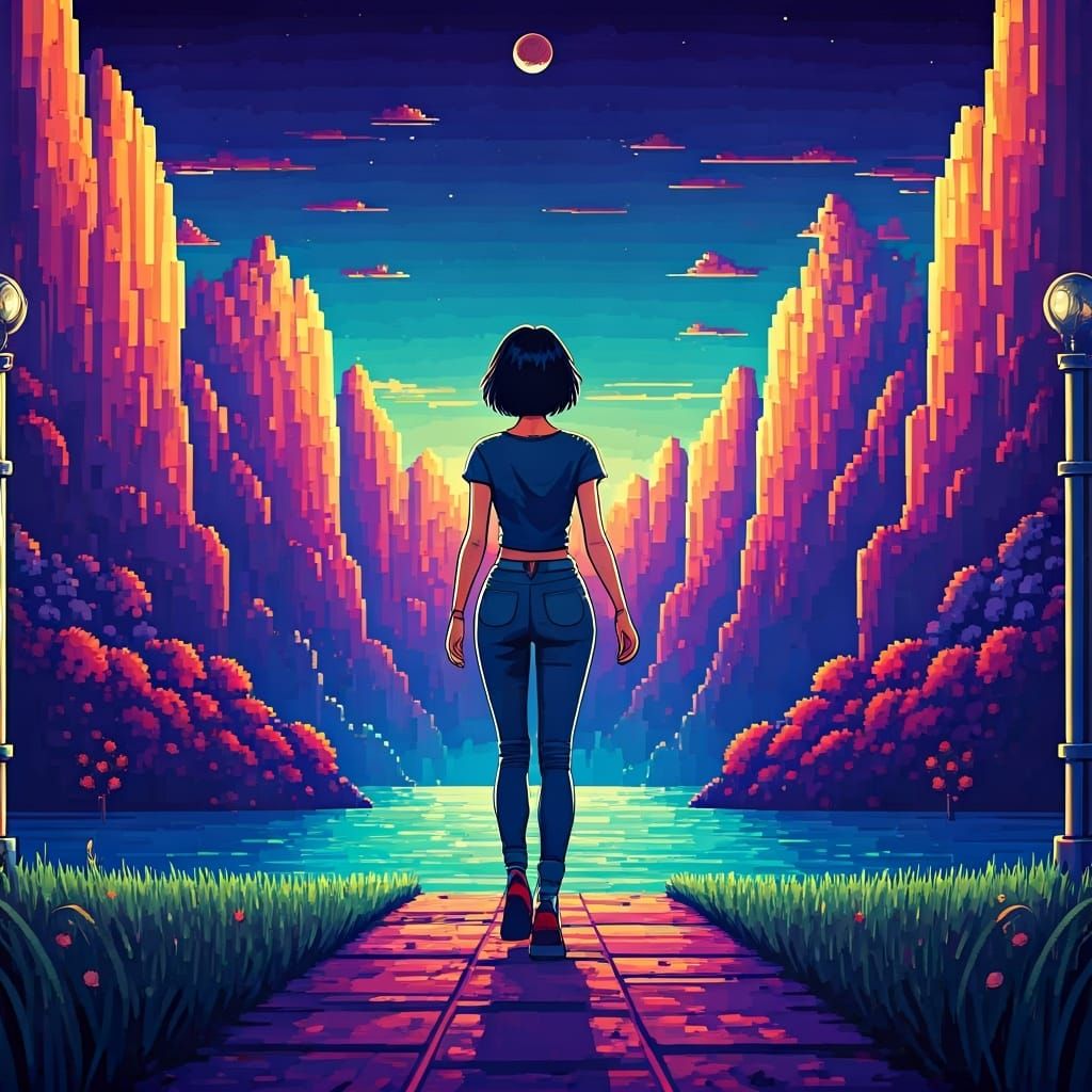 Woman in Green Hill Zone: Detailed Pixel Art