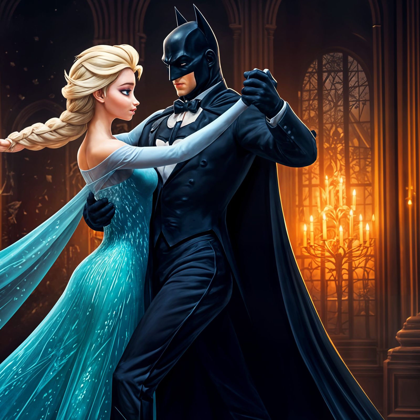 Elsa and Batman Tango in a Nighttime Dance