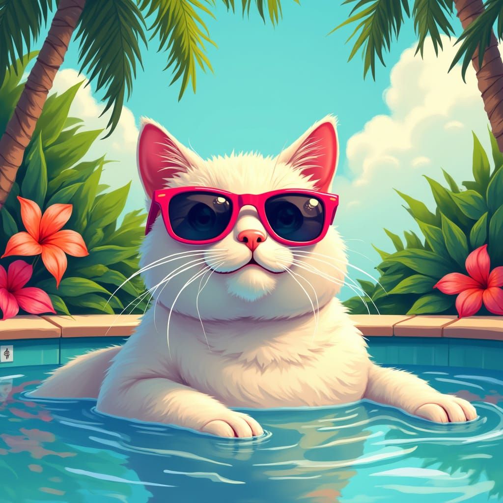 Cool Cat by Poolside in Digital Illustration Style