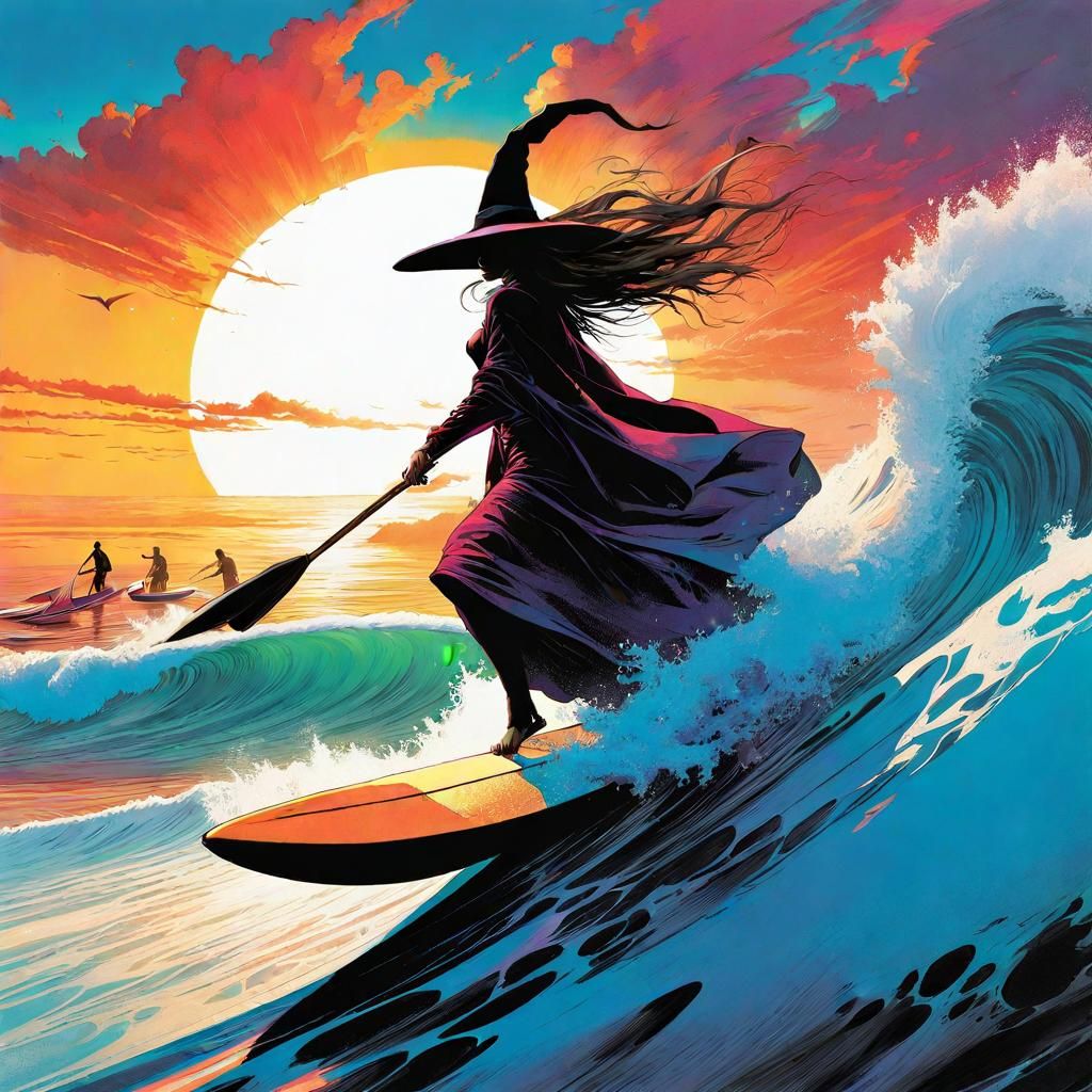 Carefree Surfing Witch Rides a Colossal Wave