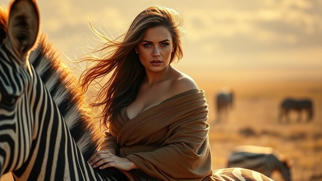 Model Rides Zebra in African Savannah: Cinematic Style
