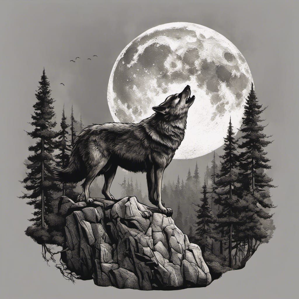 Wolf Howling at Moon Landscape Tattoo Design