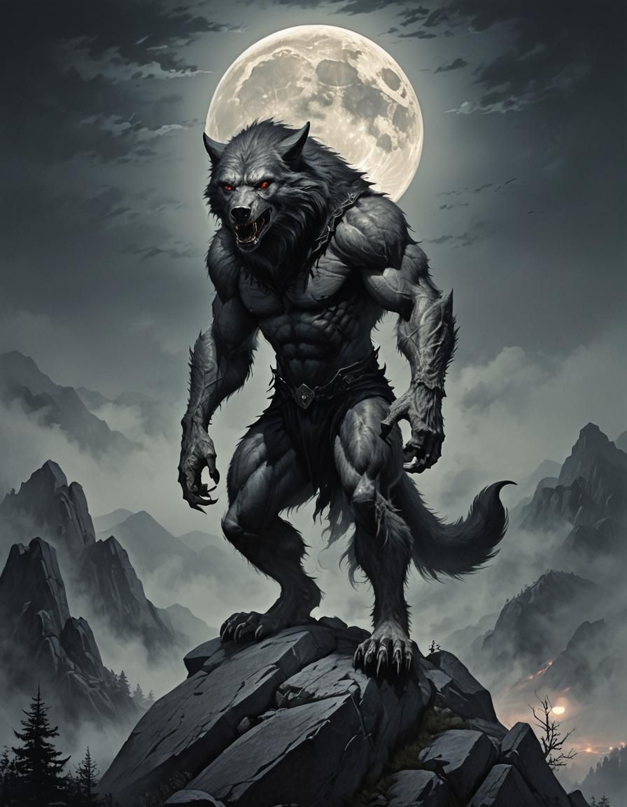 Sinister Grey Werewolf on Rocky Peak Under Full Moon