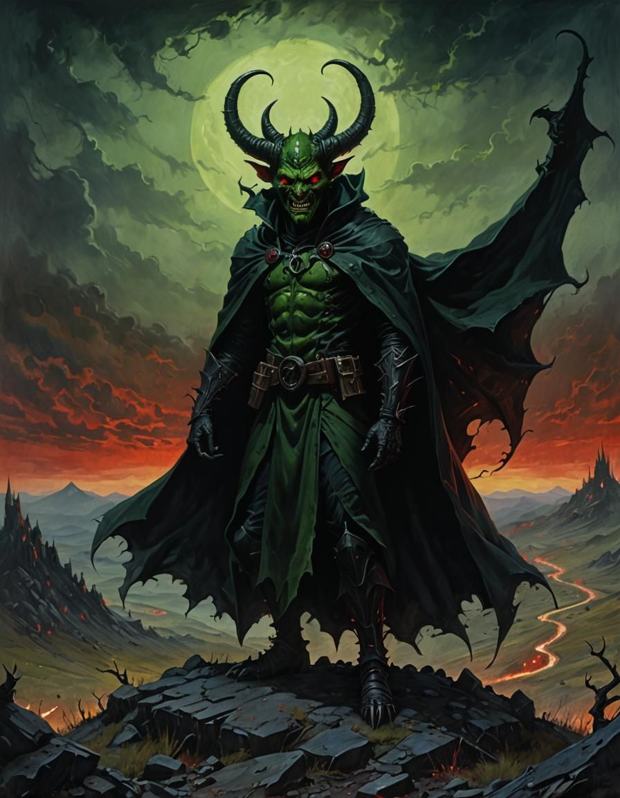 Green Devil on Desolate Hill: Dark Fantasy Art