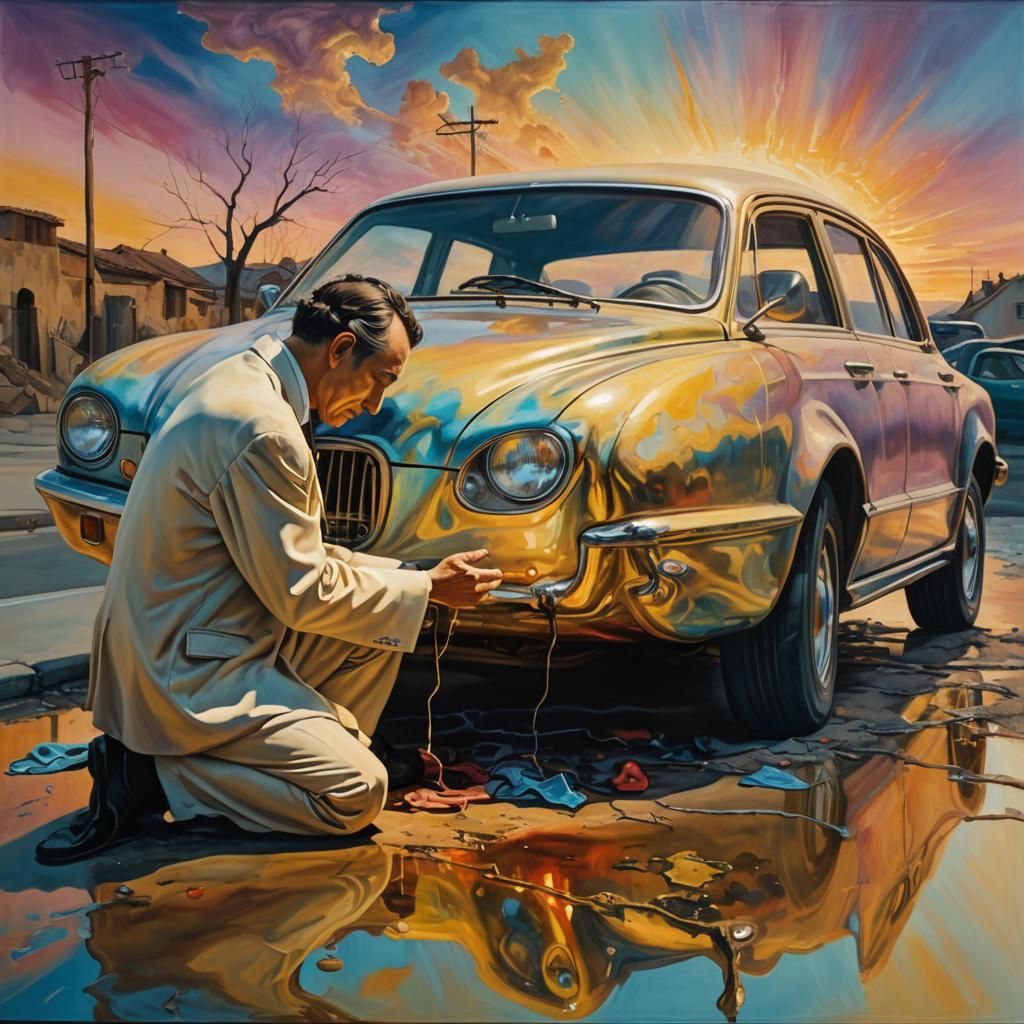 Surreal Figure Praying Next to Car in Oil Painting