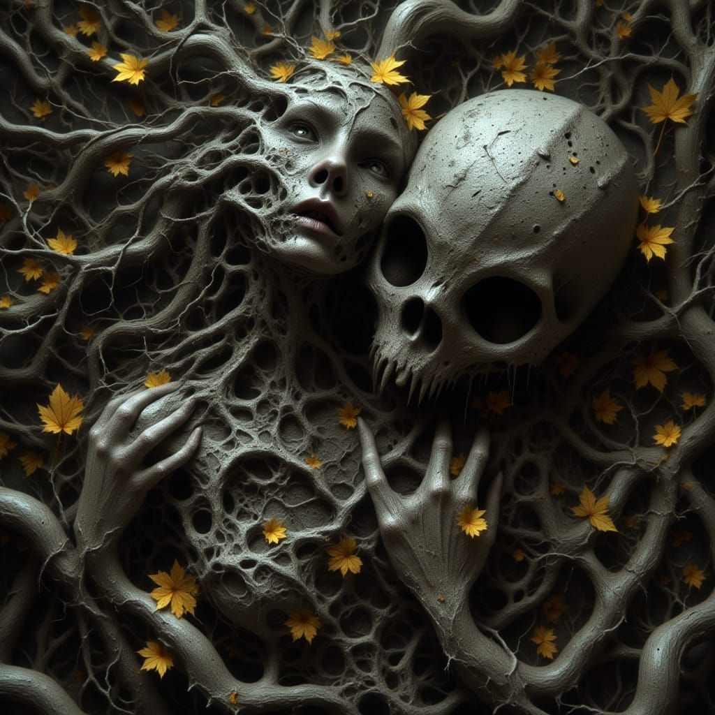 Ghostly Woman Embraces Stone Skull Figure in Dark Forest