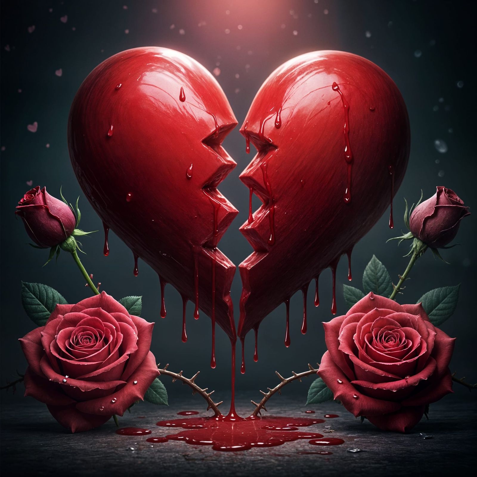 Broken Heart Dripping Blood Surrounded by Roses