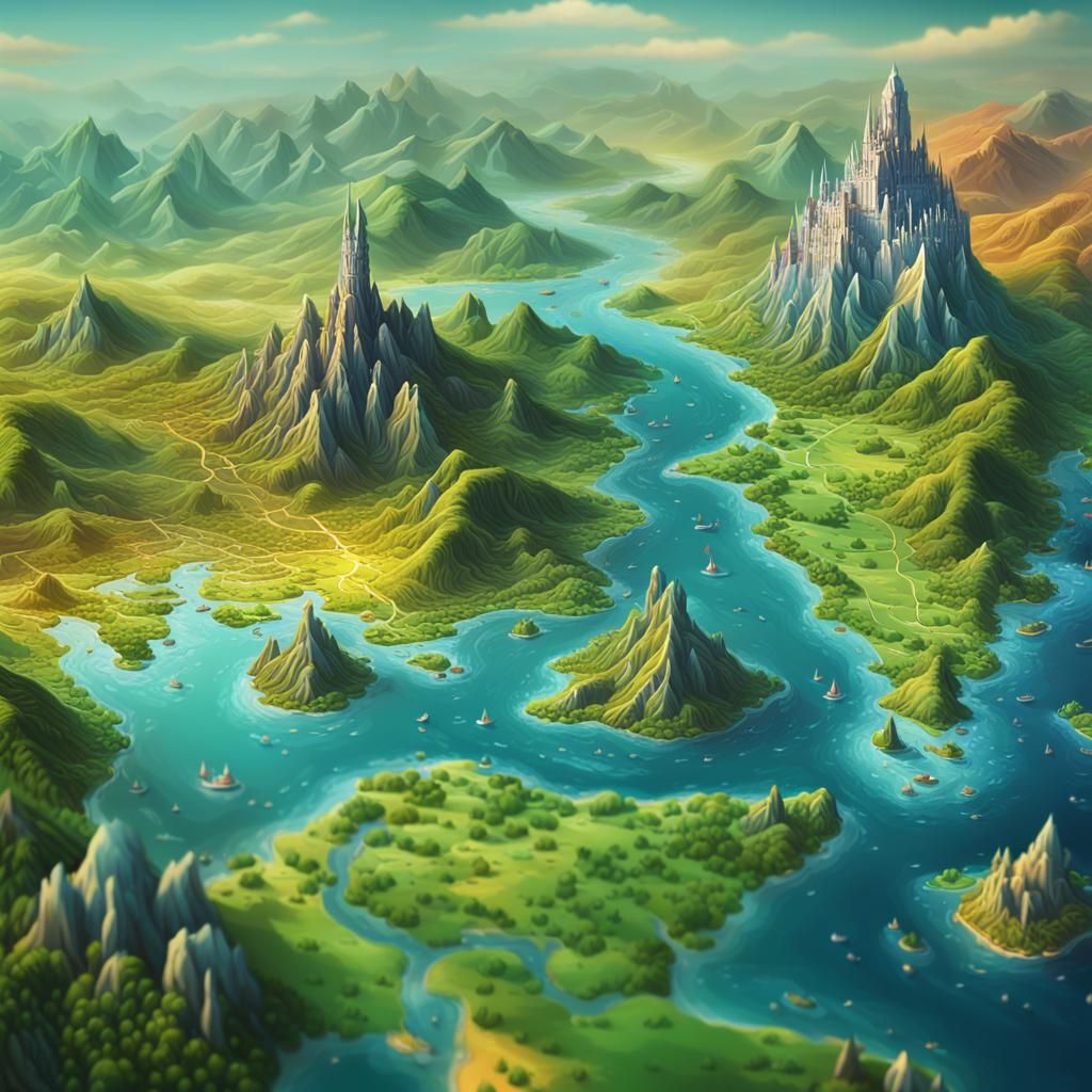 Fantasy Continent Map with Lush Green Hills