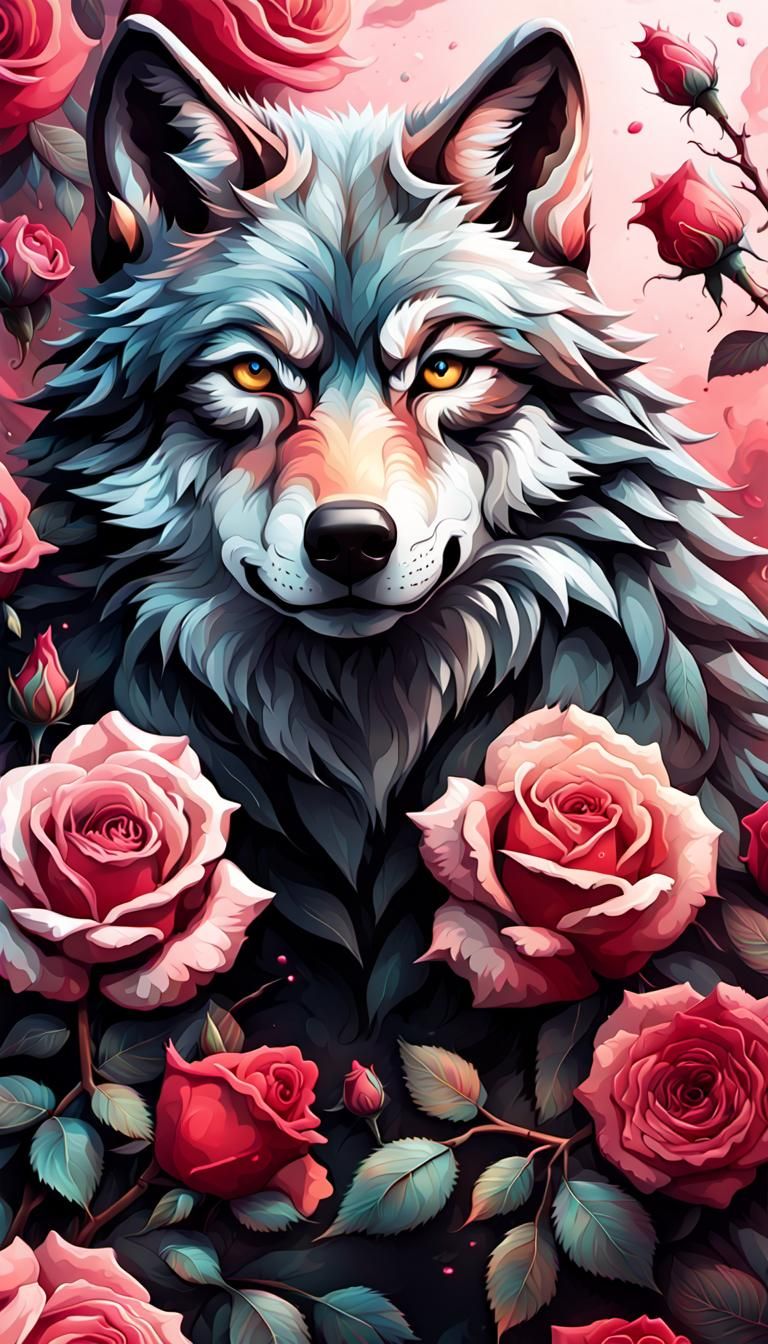 Wolf and Roses Smartphone Wallpaper in Splash Art Style