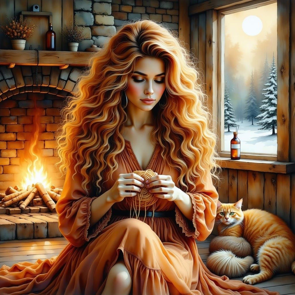 Woman Spinning Yarn in Cozy Watercolor Cottage