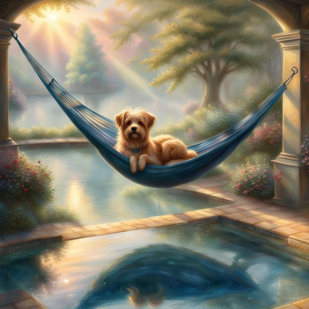 Yorkshire Terrier Sunbathing in Hammock: Fantasy Art