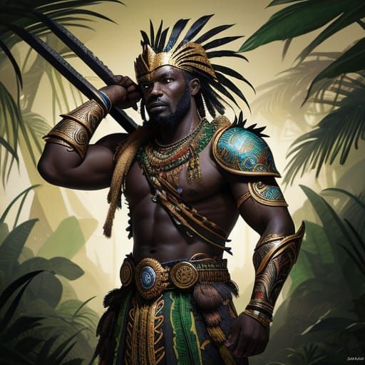 Ghanaian Warrior in Lush Jungle with Eagle