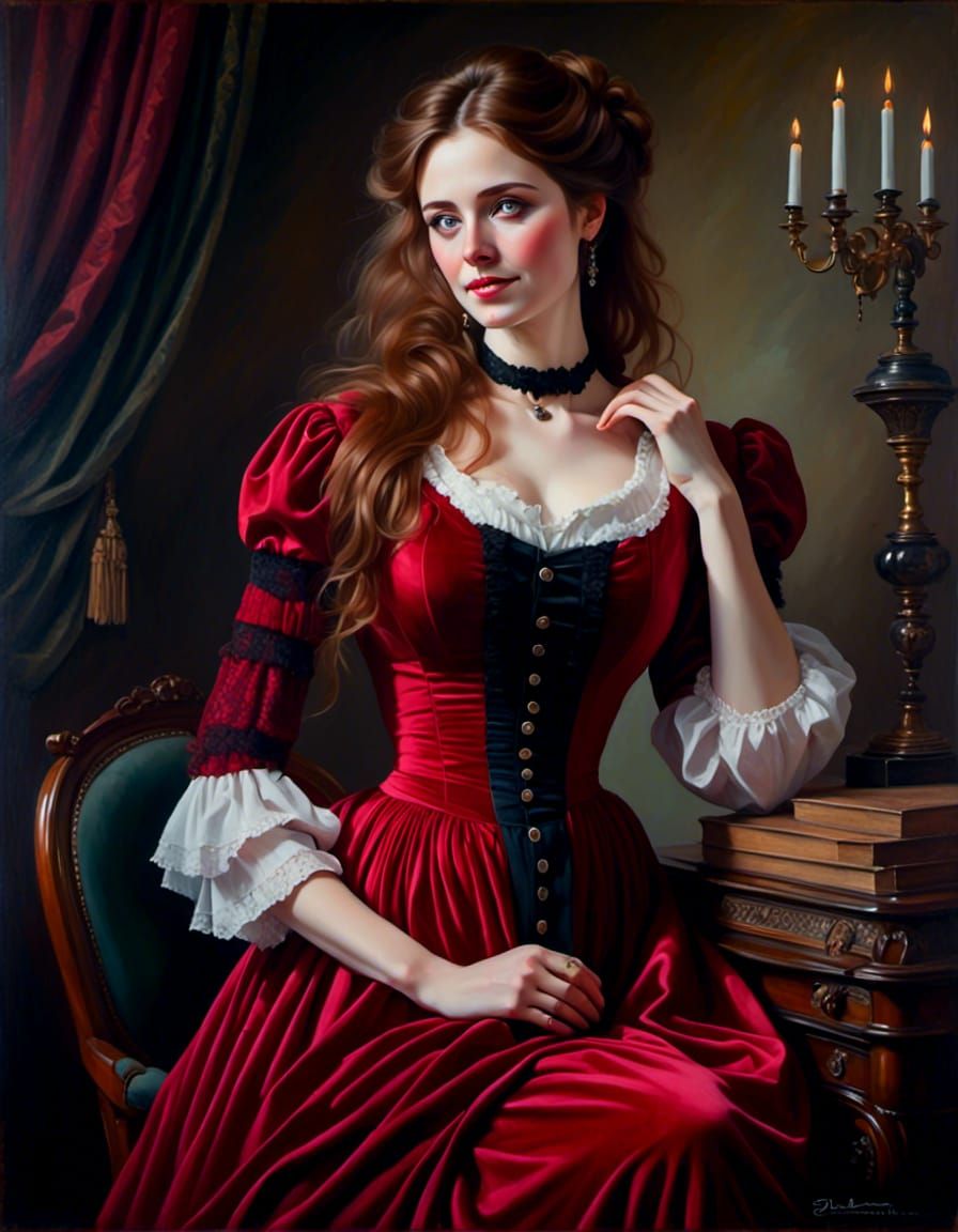 Victorian Pregnant Woman Portrait in Red Velvet