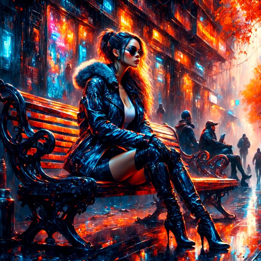 Cyberpunk Woman on Bench, Watercolor Style