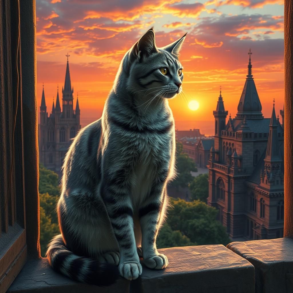 Majestic Grey Tabby Cat at Sunset in Fantasy Realm