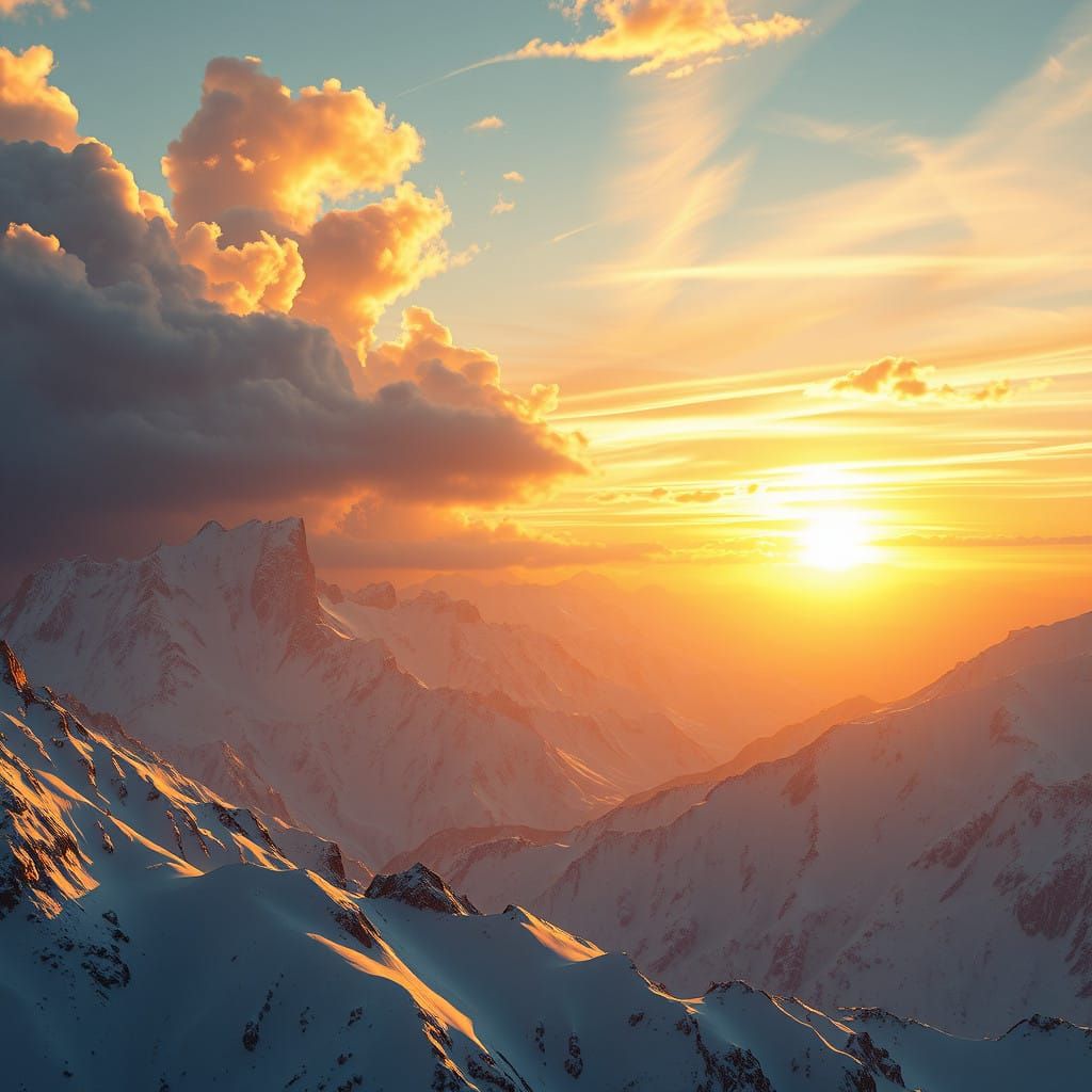 Magnificent Sunset on Snowy Peaks Concept Art in Cyberpunk S...