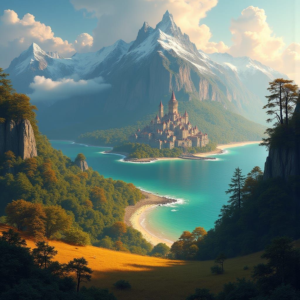 Mystical Island Metropolis Surrounded by Mountains and Jungl...