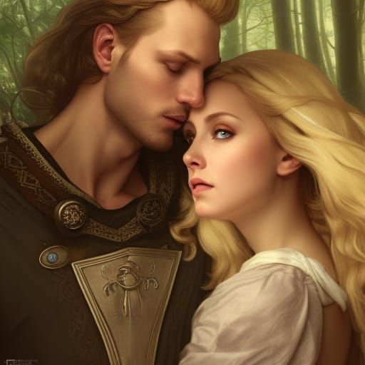 Medieval Knight and Maiden Portrait in Forest