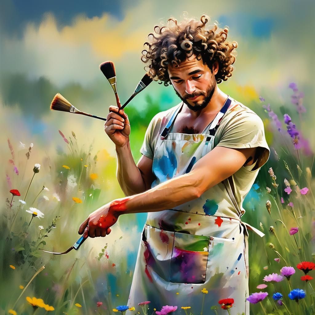 Artist Painting Summer Field, Portrait Photography