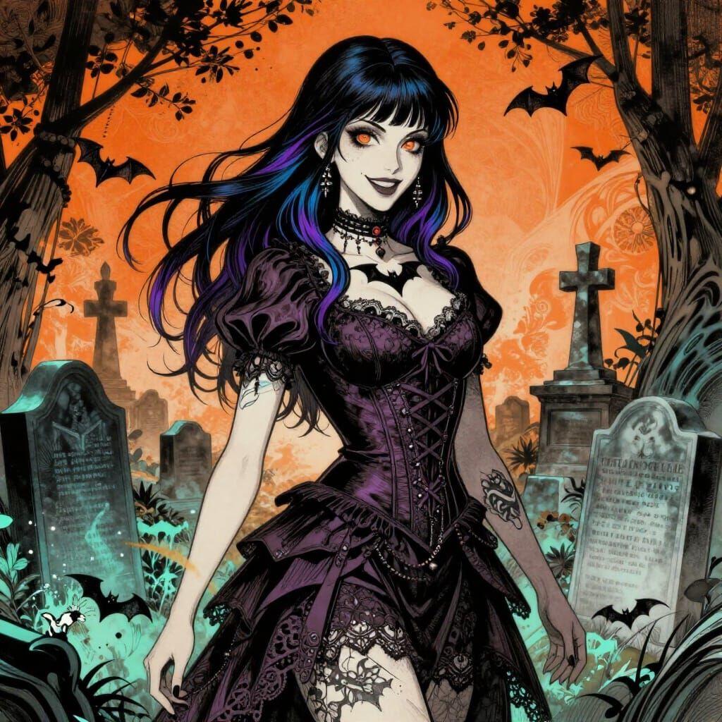 Gothic Woman in Cemetery, Alcohol Ink Style
