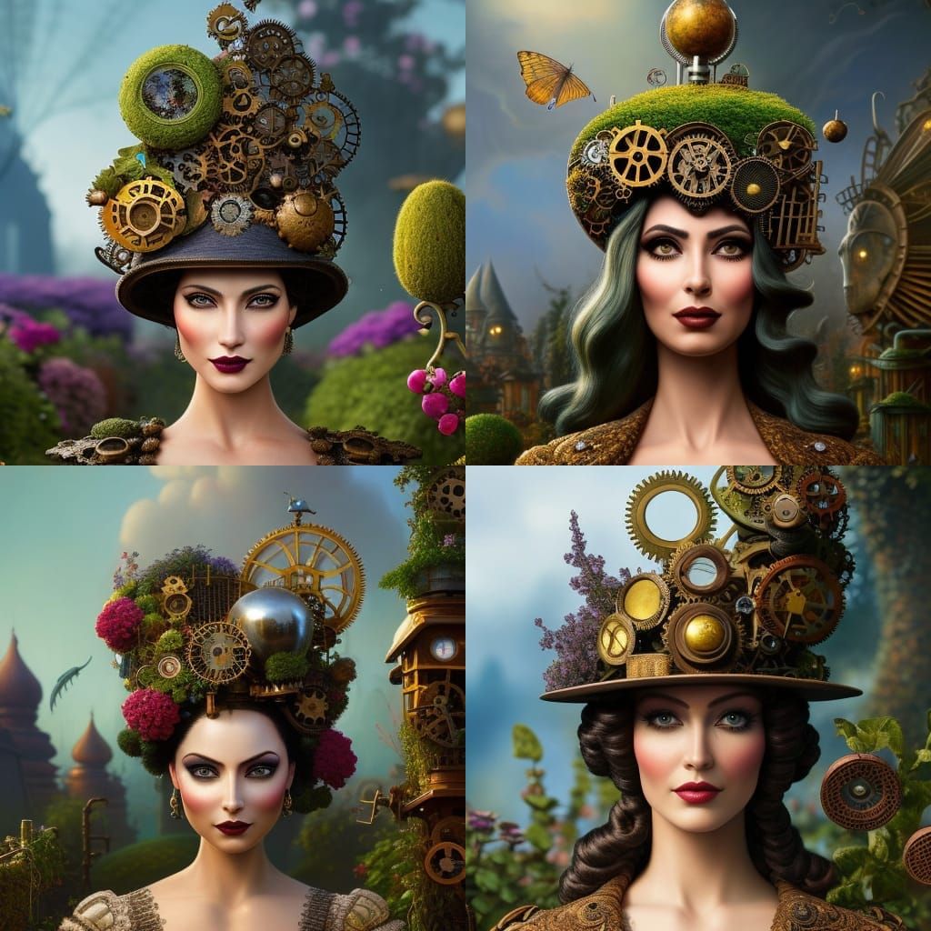 Steampunk Woman with Garden on Head, Pixar Style