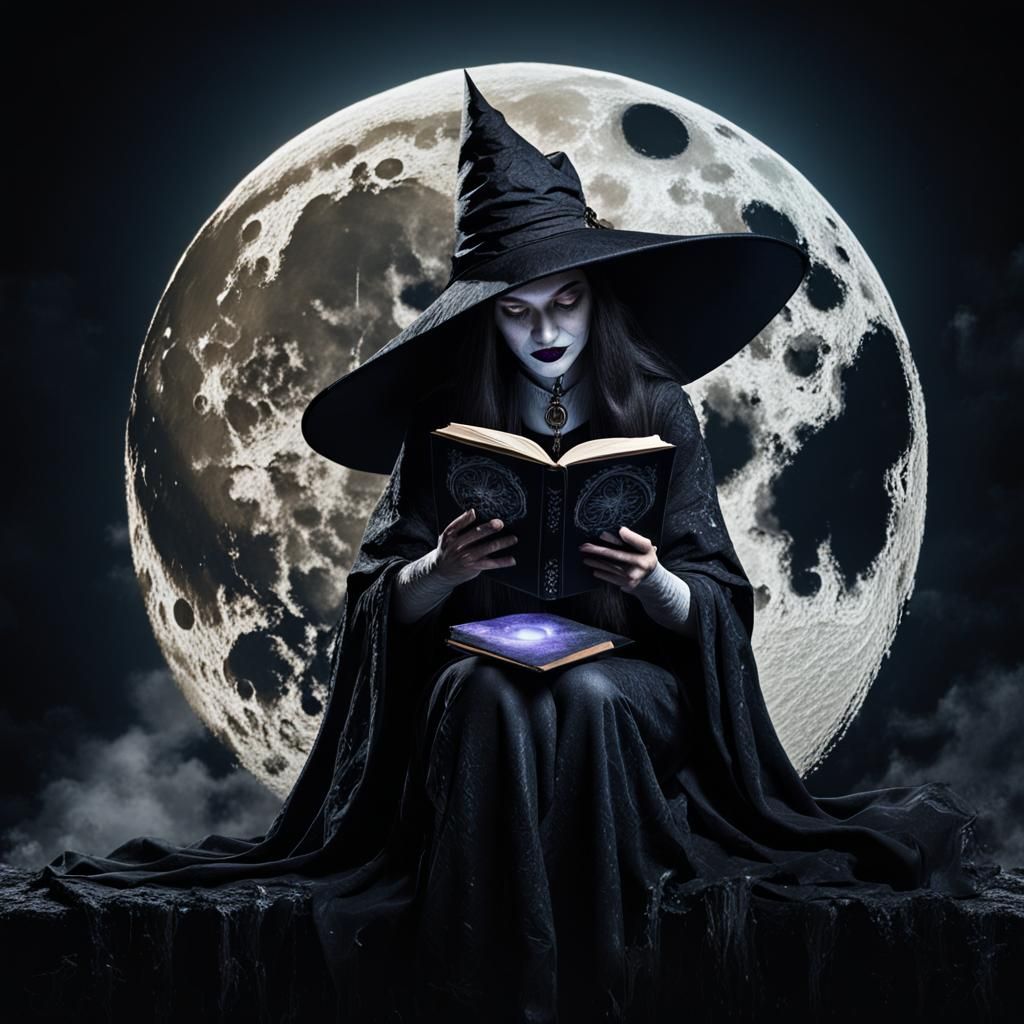 Enchanting Witch Reads Spellbook Under Moonlit Sky