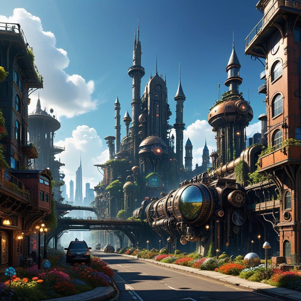 Vibrant Eco Punk Metropolis in Steampunk Splendor
