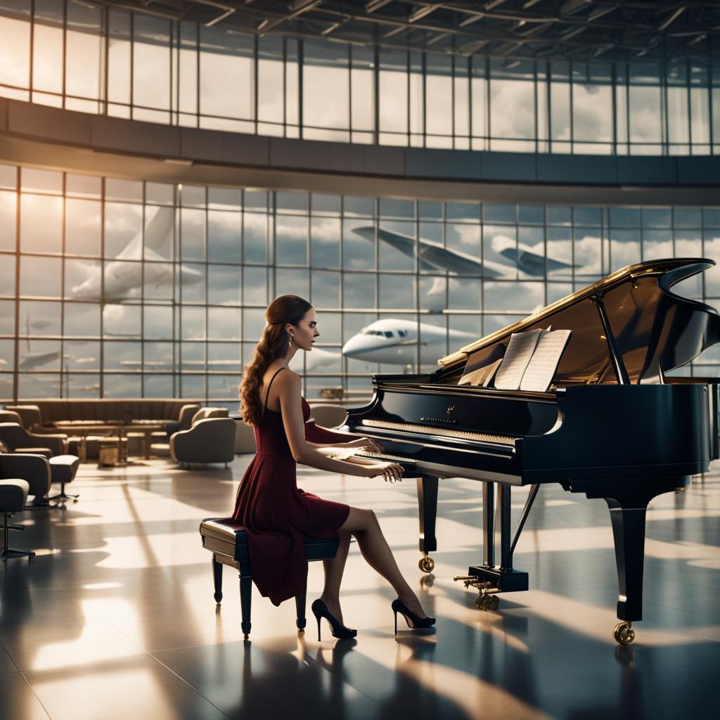 Woman Plays Piano: Detailed Matte Painting in 8k